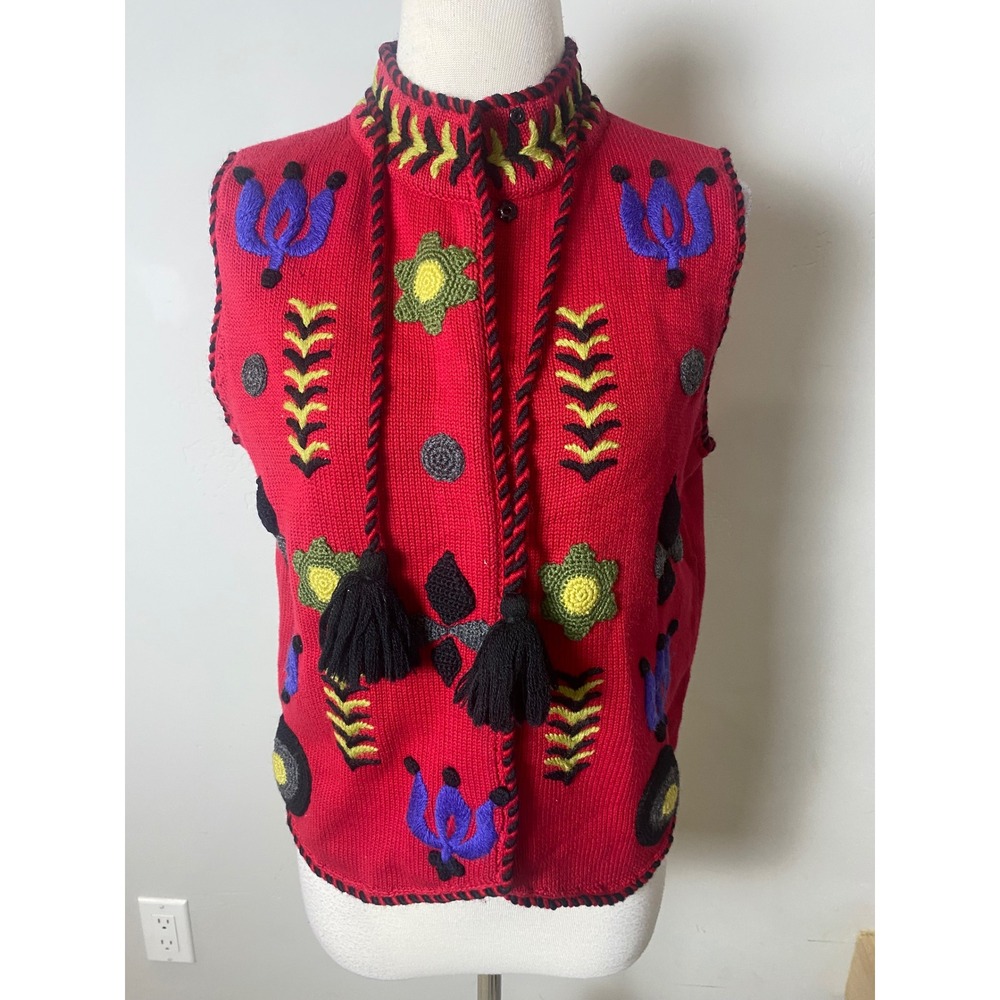 Lisa Nichols Vintage 90s Y2K Red Cotton Knit Embroidered Tassel Vest Medium